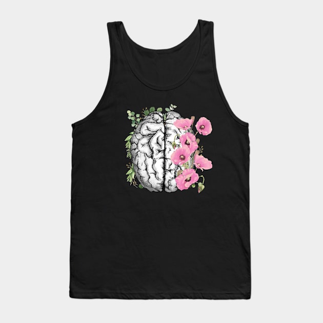 Brain with Pink poppy, psychology, mental health, front brain, watercolor Tank Top by Collagedream